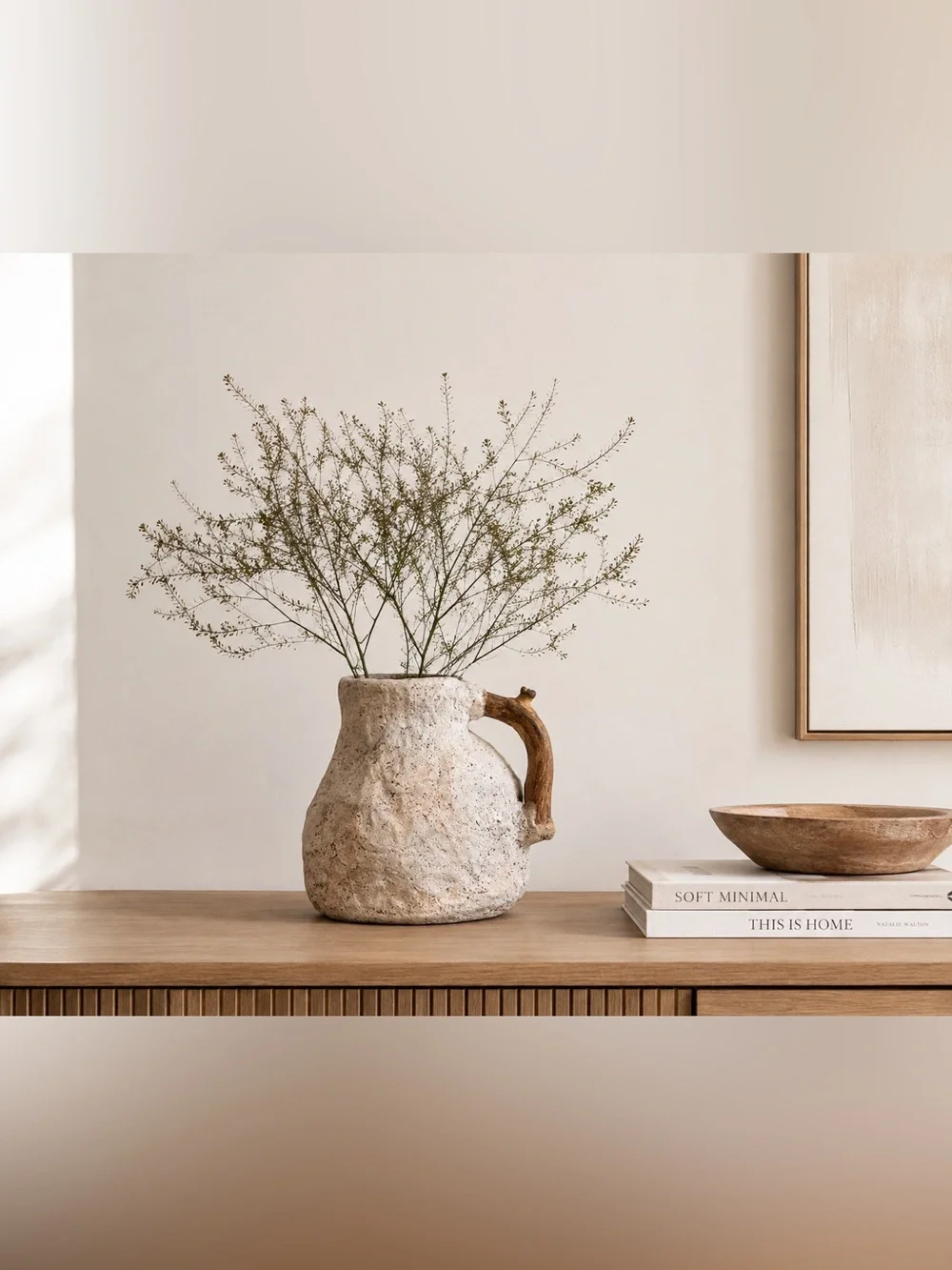 Handmade Organic Textured Vase with Natural Driftwood Handle